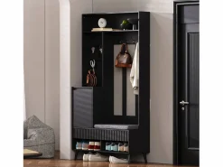 Vestidor de entrada moderno - con 4 ganchos, 1 puerta y 2 cajones - con banco y estantes abiertos - Negr^ModernLuxe Hot