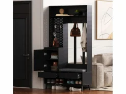 Vestidor de entrada moderno - con 4 ganchos, 1 puerta y 2 cajones - con banco y estantes abiertos - Negr^ModernLuxe Hot