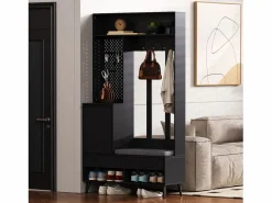 Vestidor de entrada moderno - con 4 ganchos, 1 puerta y 2 cajones - con banco y estantes abiertos - Negr^ModernLuxe Hot