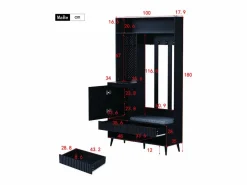 Vestidor de entrada moderno - con 4 ganchos, 1 puerta y 2 cajones - con banco y estantes abiertos - Negr^ModernLuxe Hot