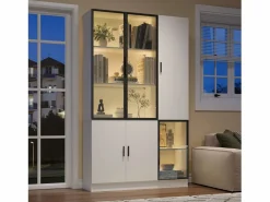 ModernLuxe Vitrina 120×35×200 cm - puertas acristaladas - 6 puertas - con iluminación LED - paneles de partículas + vidrio templado - Blanco Sale