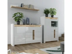 Petits-Meubles Vitrina 2 puertas 2 cajones con LED Helios Blanco lacado y Madera Color natural claro Clearance