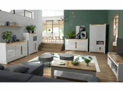 Petits-Meubles Vitrina 2 puertas 2 cajones con LED Helios Blanco lacado y Madera Color natural claro Clearance