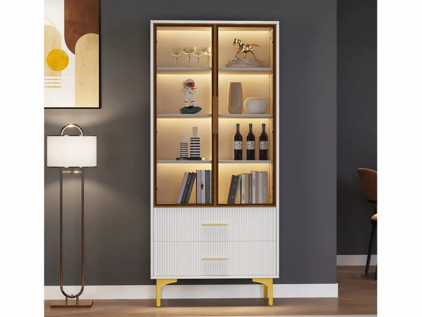 Merax Vitrina 2 puertas de cristal - LED - 70 x 35 x 150 cm - Tablero de partículas - Blanco Discount