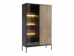 Vente-unique Vitrina|Vitrina 2 puertas y 1 cajón con luces LED en MDF y vidrio ahumado - Negro y Natural - OVILA