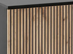 Vente-unique Vitrina|Vitrina 2 puertas y 1 cajón con luces LED en MDF y vidrio ahumado - Negro y Natural - OVILA