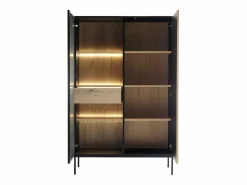 Vente-unique Vitrina|Vitrina 2 puertas y 1 cajón con luces LED en MDF y vidrio ahumado - Negro y Natural - OVILA