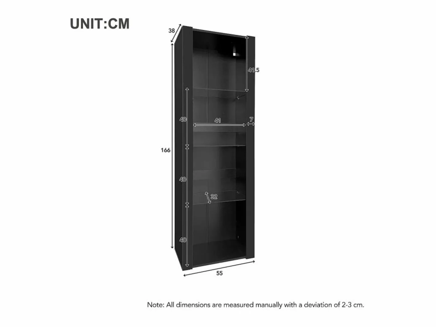 Vitrina alta con 3 estantes de cristal, cuerpo de MDF lacado en , LED incluido - 55x38x166cm^Hauss Spole Clearance