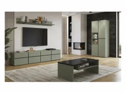 Meublorama Vitrina|Vitrina alta de 2 puertas colección HAVANA con LED integrado. Color salvia y negro.