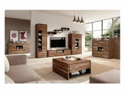Meublorama Vitrina|Vitrina alta de diseño con 1 puerta, 1 cajón y 4 nichos visibles colección SILVA color roble y gris.