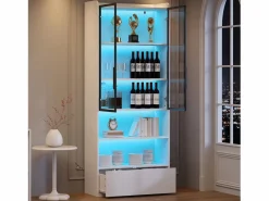 Vitrina alta 80x34x180 cm blanca con cajón, puertas de cristal e iluminación LED^Hauss Spole Discount