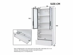 Vitrina alta 80x34x180 cm blanca con cajón, puertas de cristal e iluminación LED^Hauss Spole Discount