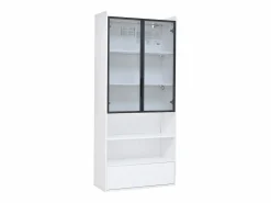 Vitrina alta 80x34x180 cm blanca con cajón, puertas de cristal e iluminación LED^Hauss Spole Discount
