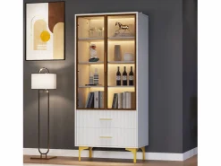 Hauss Spole Vitrina blanca con 2 puertas de cristal marrón y 2 cajones, LED incluido - 70x35x150cm Blanco