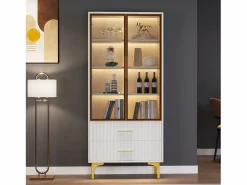 Hauss Spole Vitrina blanca con 2 puertas de cristal marrón y 2 cajones, LED incluido - 70x35x150cm Blanco