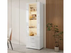 OKWISH Vitrina blanca con iluminación LED, 60x35x180 cm, 3 cajones, estilo moderno, para salón y oficina Blanco