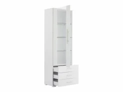 OKWISH Vitrina blanca con iluminación LED, 60x35x180 cm, 3 cajones, estilo moderno, para salón y oficina Blanco
