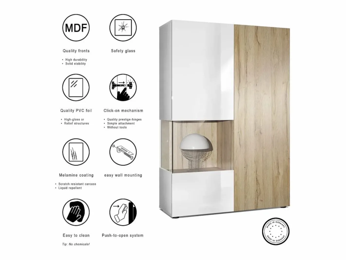 Vitrina Cómoda Morena, cuerpo en blanco mate/ puerta derecha e inserción con apariencia de óxido de hormigón Color natural oscuro Sale