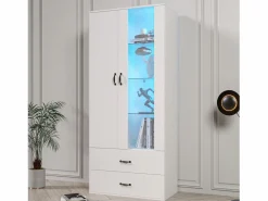 Vitrina con 16 luces LED de colores, 2 cajones y 2 puertas, blanca.^Hauss Spole New