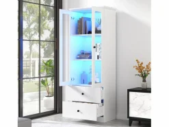 Merax Vitrina|Vitrina con 2 puertas y 2 cajones - 60 x 36 x 165 cm - LEDs - Estantes regulables - Tablero de partículas + MDF -