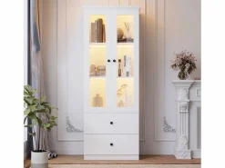 Merax Vitrina|Vitrina con 2 puertas y 2 cajones - 60 x 36 x 165 cm - LEDs - Estantes regulables - Tablero de partículas + MDF -