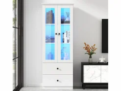 Merax Vitrina|Vitrina con 2 puertas y 2 cajones - 60 x 36 x 165 cm - LEDs - Estantes regulables - Tablero de partículas + MDF -