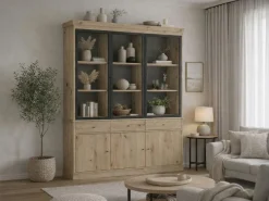 Vitrina con almacenamiento y LEDs - Natural y negro - MARSORIA^Vente-unique Sale
