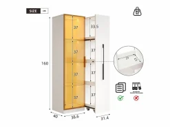 ModernLuxe Vitrina con LED 70x40x160 cm - 1 puerta de vidrio y 1 cajón lateral deslizante - Ruedas - MDF + vidrio - Blanco New