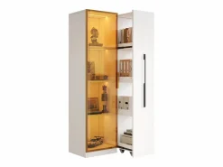 ModernLuxe Vitrina con LED 70x40x160 cm - 1 puerta de vidrio y 1 cajón lateral deslizante - Ruedas - MDF + vidrio - Blanco New