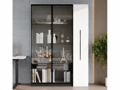 Merax Vitrina|Vitrina con puerta de cristal - 110,5 x 35 x 160 cm - con LED y cajón lateral - MDF - negro y