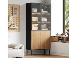 Vitrina con puertas de cristal, 180 cm, con LED, estantes regulables, MDF, y roble (74x31x180 cm) Negro Online