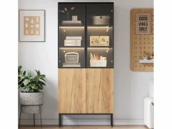 Vitrina con puertas de cristal, 180 cm, con LED, estantes regulables, MDF, y roble (74x31x180 cm) Negro Online