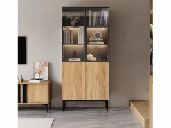 Vitrina con puertas de cristal, 180 cm, con LED, estantes regulables, MDF, y roble (74x31x180 cm) Negro Online