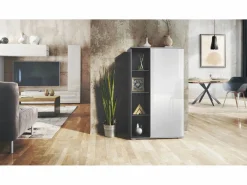 Vitrina Davos, vitrina independiente con 3 estantes de cristal y 8 compartimentos, antracita mate/ de alto brillo (71,5 x 134 x 35 cm)^ Clearance