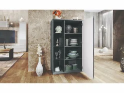 Vitrina Davos, vitrina independiente con 3 estantes de cristal y 8 compartimentos, antracita mate/ de alto brillo (71,5 x 134 x 35 cm)^ Clearance