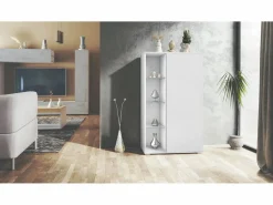 Vitrina Davos, vitrina independiente con 3 estantes de cristal y 8 compartimentos, mate/ mate (71,5 x 134 x 35 cm)^ Clearance