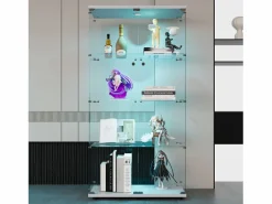 Vitrina de cristal - Vitrina de colección con puertas - Iluminación LED - 2 puertas, 4 estantes - 80,5×36,5×164 cm - Blanco^ Discount