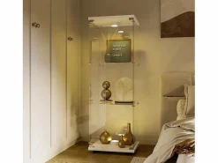 Vitrina de cristal 42×36×125cm GARHELPER - 3 estantes - 1 puerta - Cristal templado - Luz LED - Negro^ Outlet
