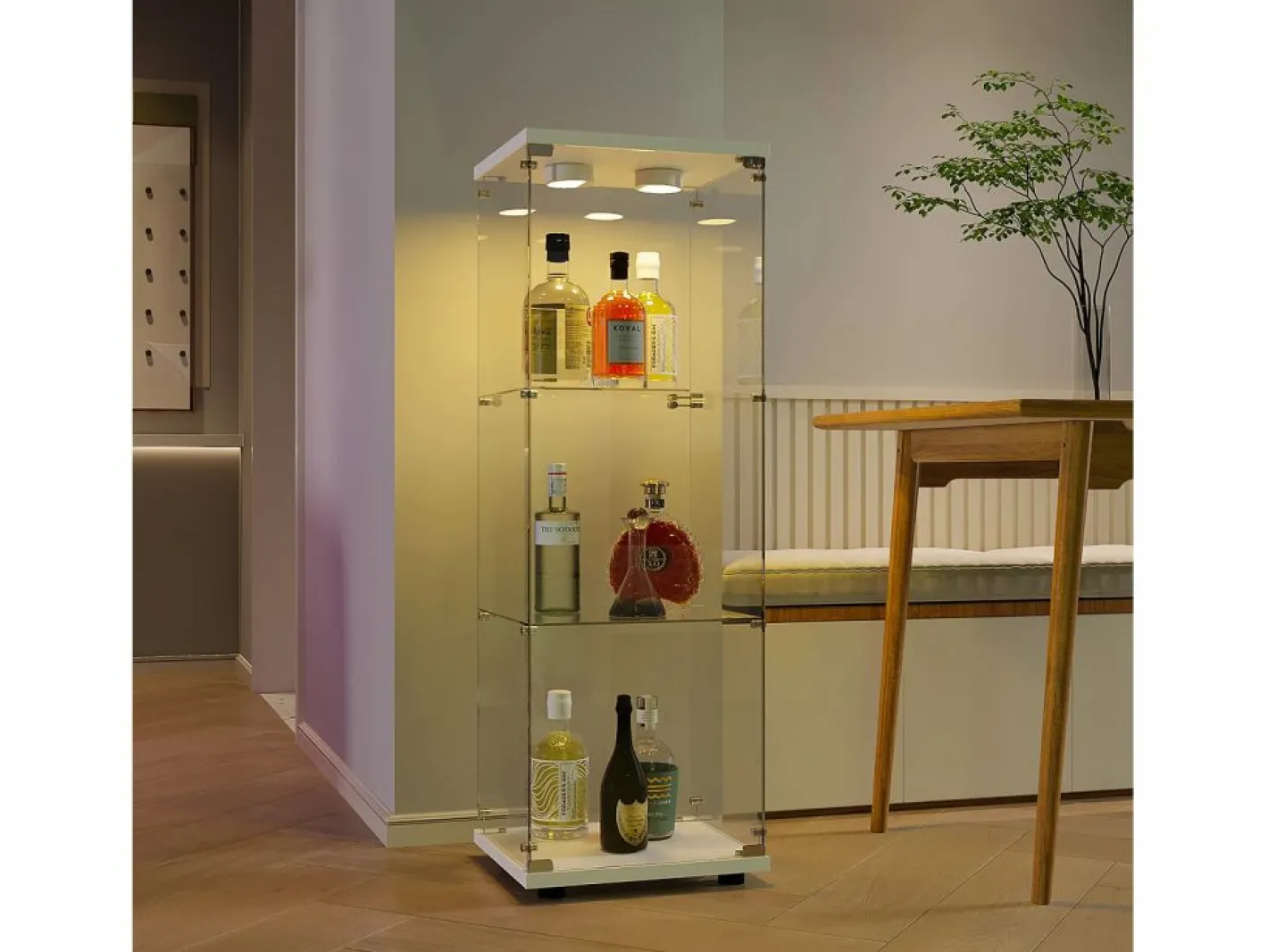 Vitrina de cristal 42×36×125cm GARHELPER - 3 estantes - 1 puerta - Cristal templado - Luz LED - Negro^ Outlet