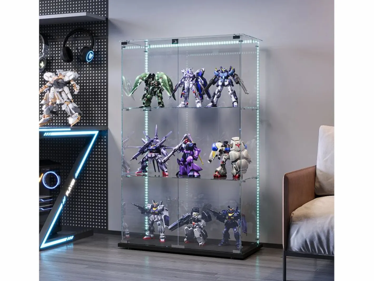 Vitrina|Vitrina de cristal con 4 estantes y puerta doble, vitrina para sala de estar