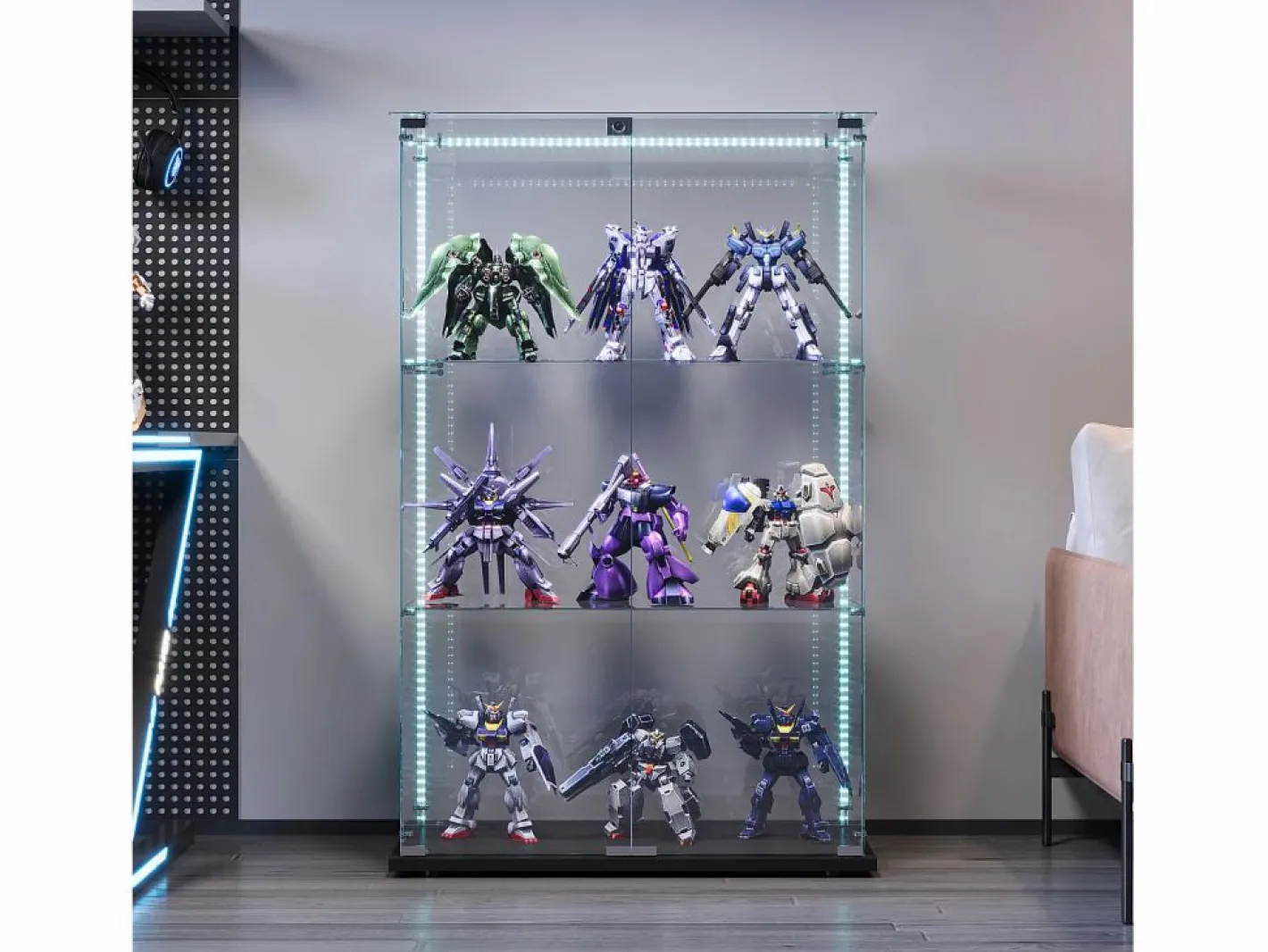 Vitrina|Vitrina de cristal con 4 estantes y puerta doble, vitrina para sala de estar