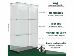 Vitrina|Vitrina de cristal con 4 estantes y puerta doble, vitrina para sala de estar