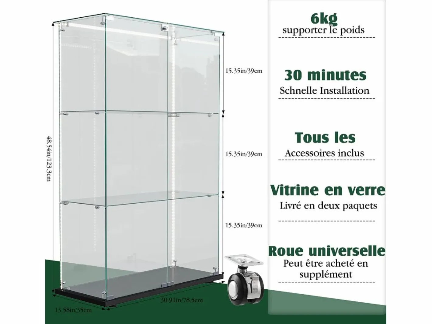 Vitrina|Vitrina de cristal con 4 estantes y puerta doble, vitrina para sala de estar