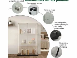 Vitrina|Vitrina de cristal con 4 estantes y puerta doble, vitrina para sala de estar