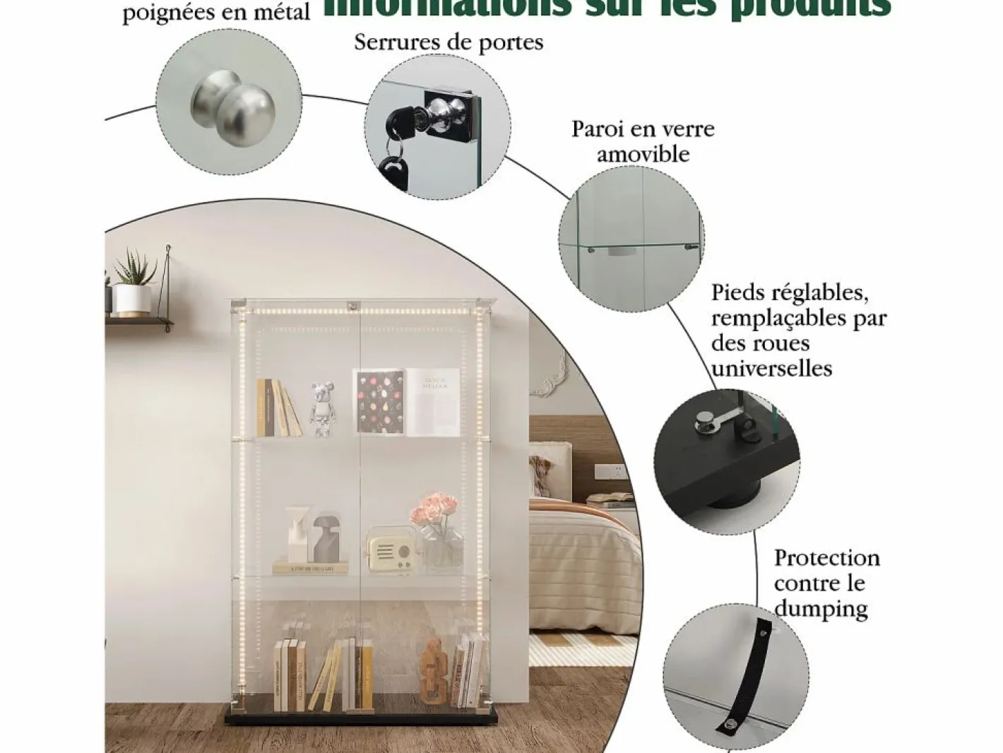 Vitrina|Vitrina de cristal con 4 estantes y puerta doble, vitrina para sala de estar