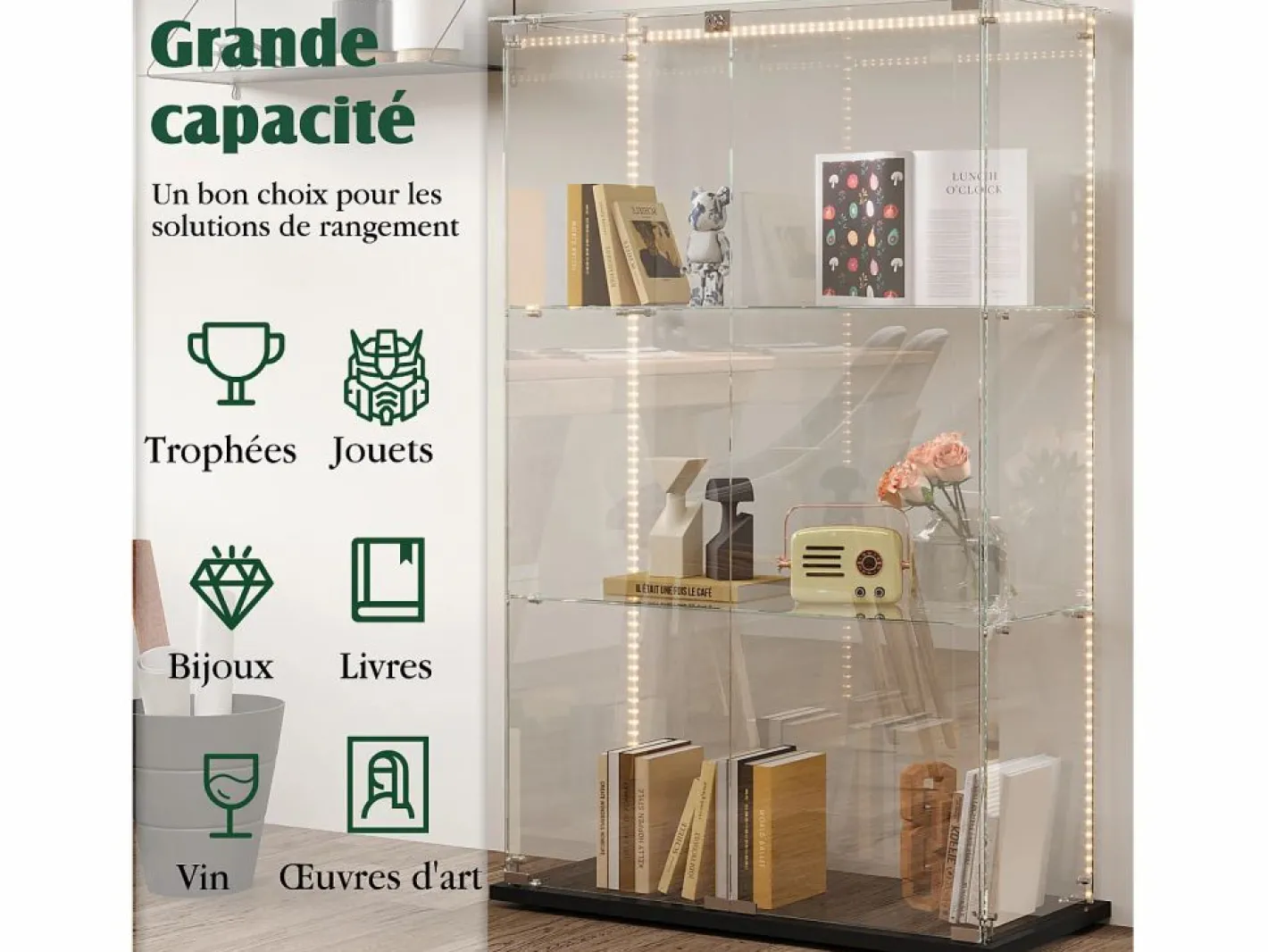 Vitrina|Vitrina de cristal con 4 estantes y puerta doble, vitrina para sala de estar