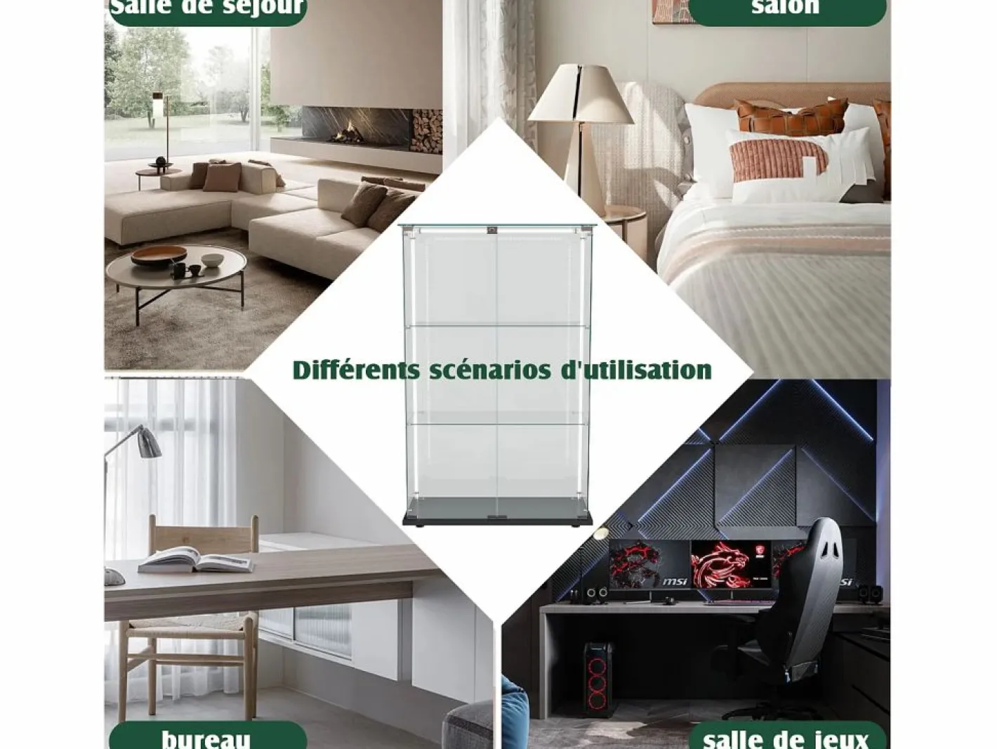 Vitrina|Vitrina de cristal con 4 estantes y puerta doble, vitrina para sala de estar