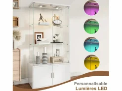 Vitrina|Vitrina de cristal de 3 estantes con gabinetes e iluminación LED – Diseño moderno