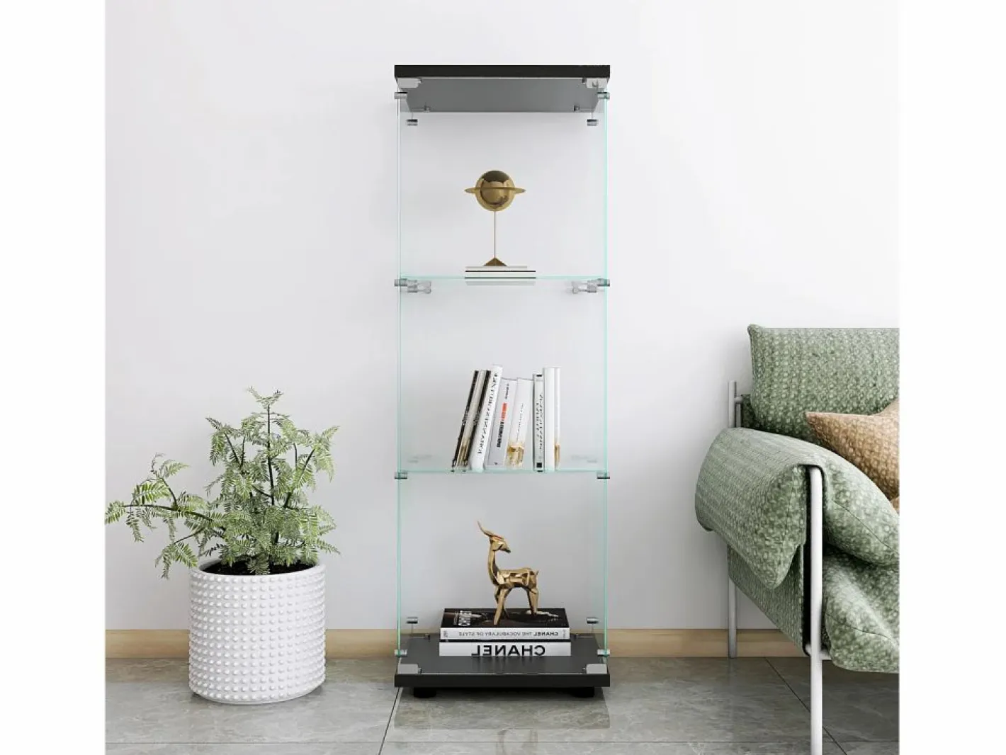 Vitrina|Vitrina de cristal de 3 estantes con puerta, estantería independiente para sala de estar, dormitorio y oficina, 42 x 36 x 125 cm, color
