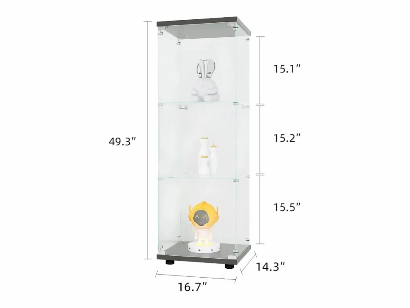 Vitrina|Vitrina de cristal de 3 estantes con puerta, estantería independiente para sala de estar, dormitorio y oficina, 42 x 36 x 125 cm, color